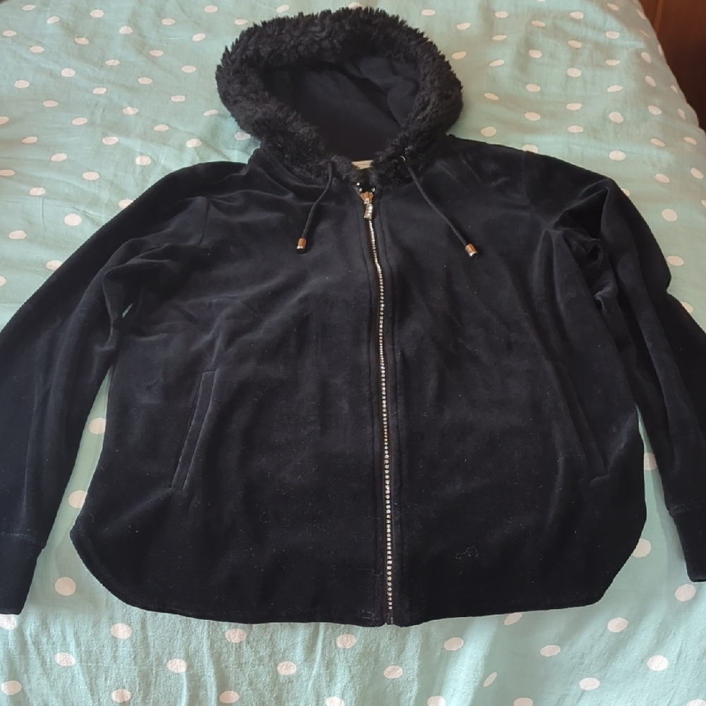 Chico's Black Rhinestone Zipper Teddy Jacket with Hood